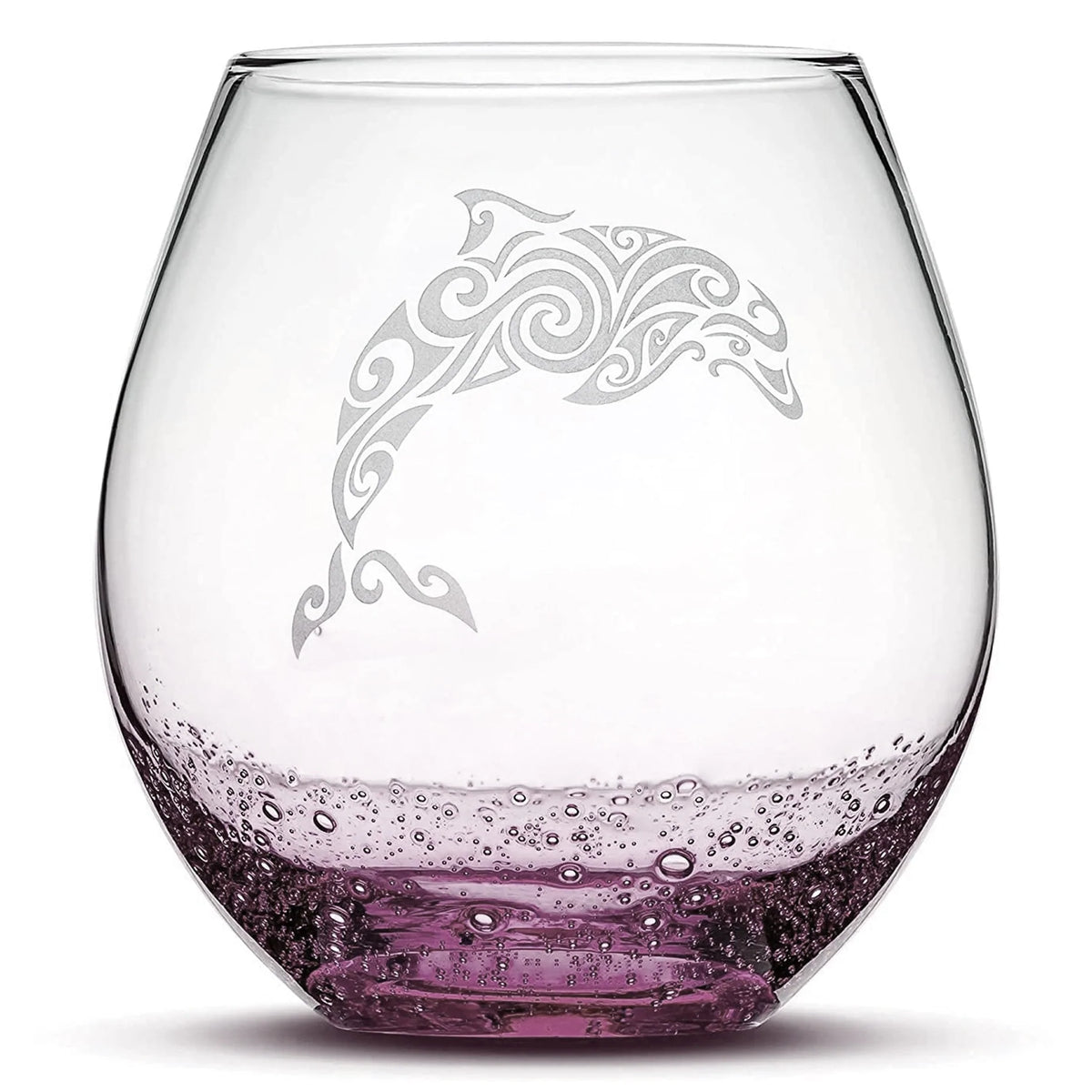 Less Than Perfect Bubble Wine Glass with Tribal Dolphin Design, Laser Etched or Hand Etched