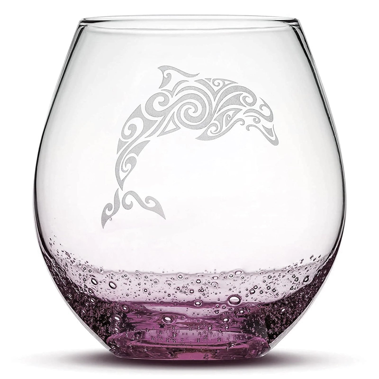 Less Than Perfect Bubble Wine Glass with Tribal Dolphin Design, Laser Etched or Hand Etched