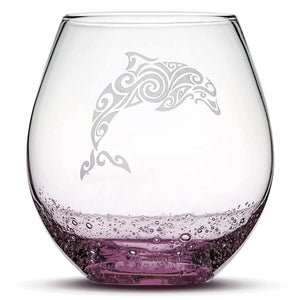 Less Than Perfect Bubble Wine Glass with Tribal Dolphin Design, Hand Etched
