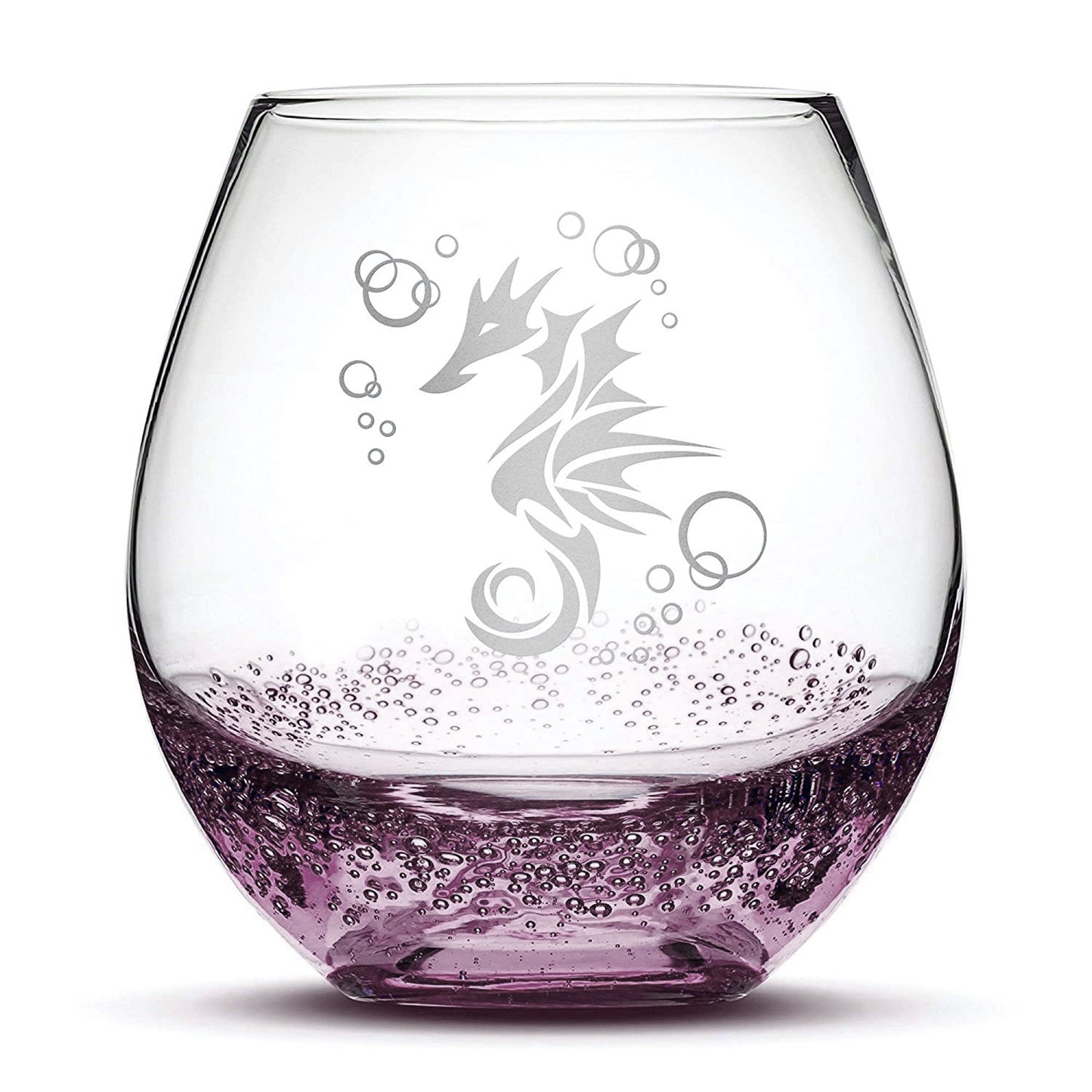 Bubble Wine Glass with Seahorse Design, Laser Etched or Hand Etched