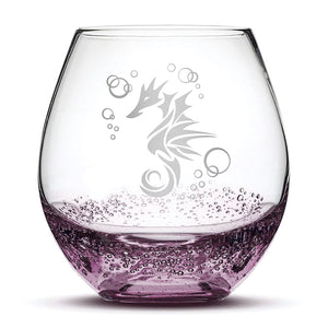 Bubble Wine Glass with Seahorse Design, Hand Etched