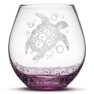 Less Than Perfect Discounted Bubble Wine Glass with Tribal Sea Turtle Design, Laser Etched or Hand Etched
