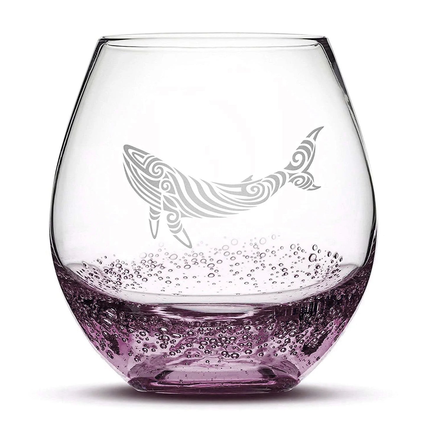 Less Than Perfect Bubble Wine Glass with Tribal Whale Design, Laser Etched or Hand Etched