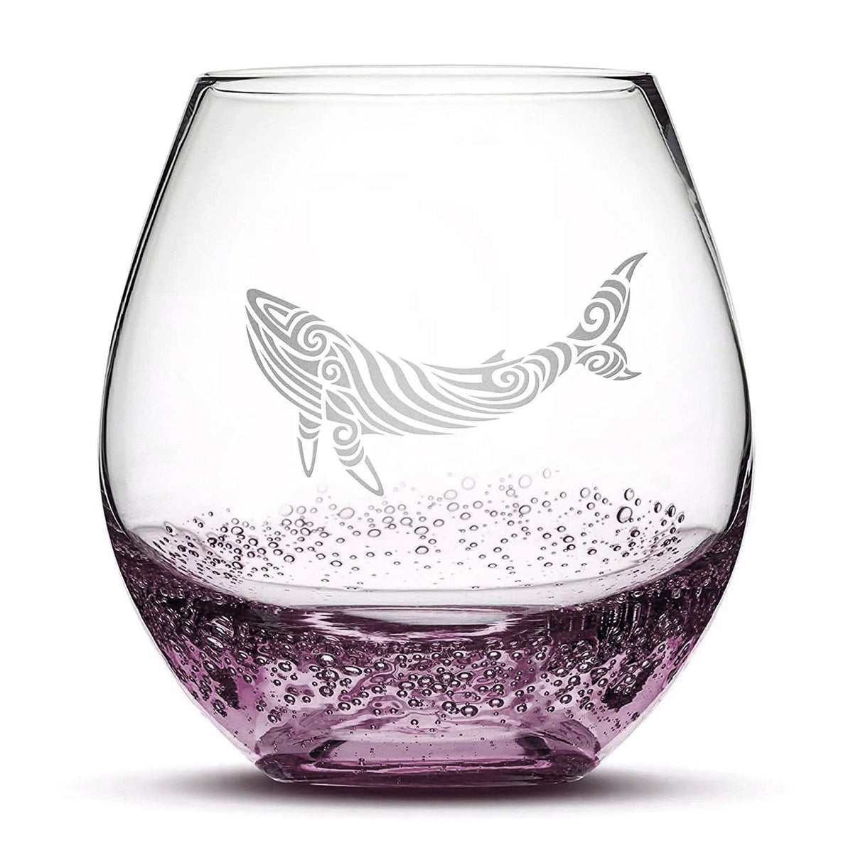 Less Than Perfect Bubble Wine Glass with Tribal Whale Design, Laser Etched or Hand Etched