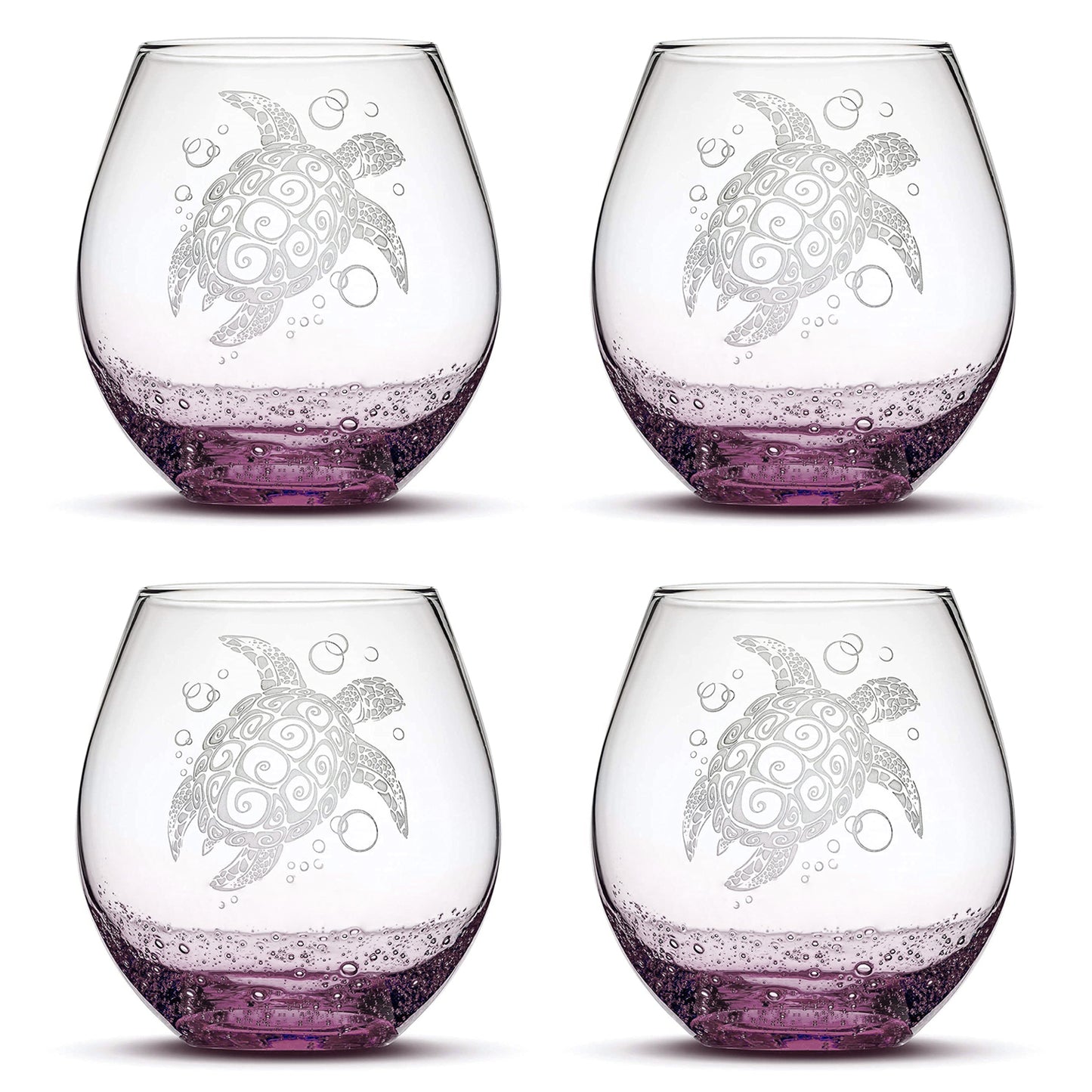 Bubble Wine Glass with Tribal Sea Turtle Design, Set of 4, Laser Etched or Hand Etched