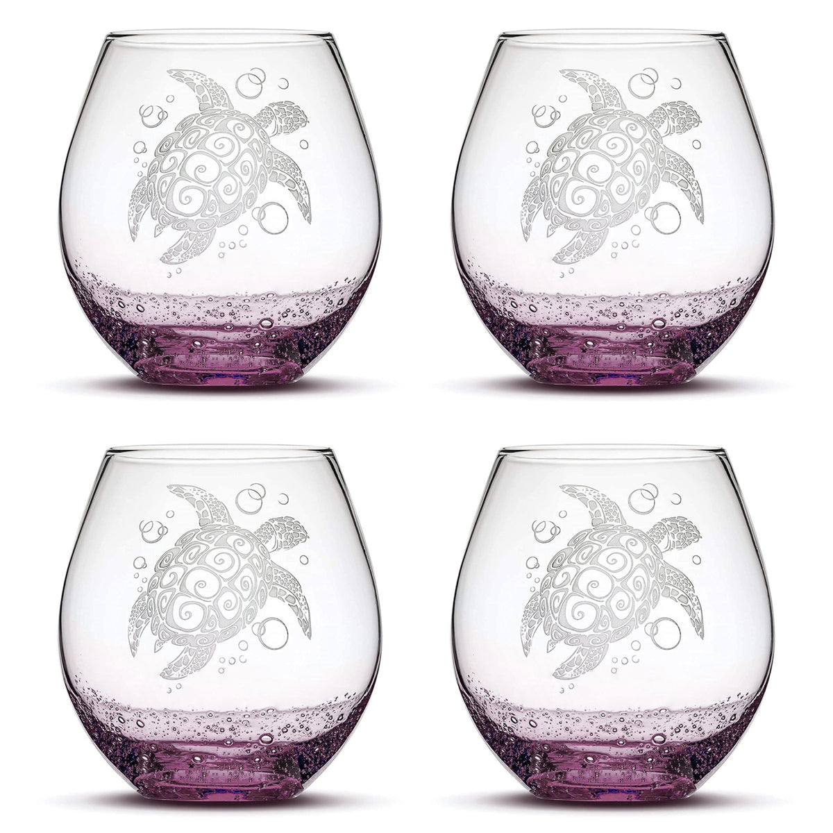 Bubble Wine Glass with Tribal Sea Turtle Design, Set of 4, Laser Etched or Hand Etched