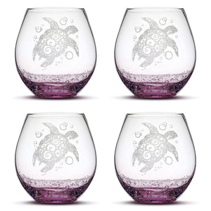 Bubble Wine Glass with Tribal Sea Turtle Design, Set of 4, Laser Etched or Hand Etched