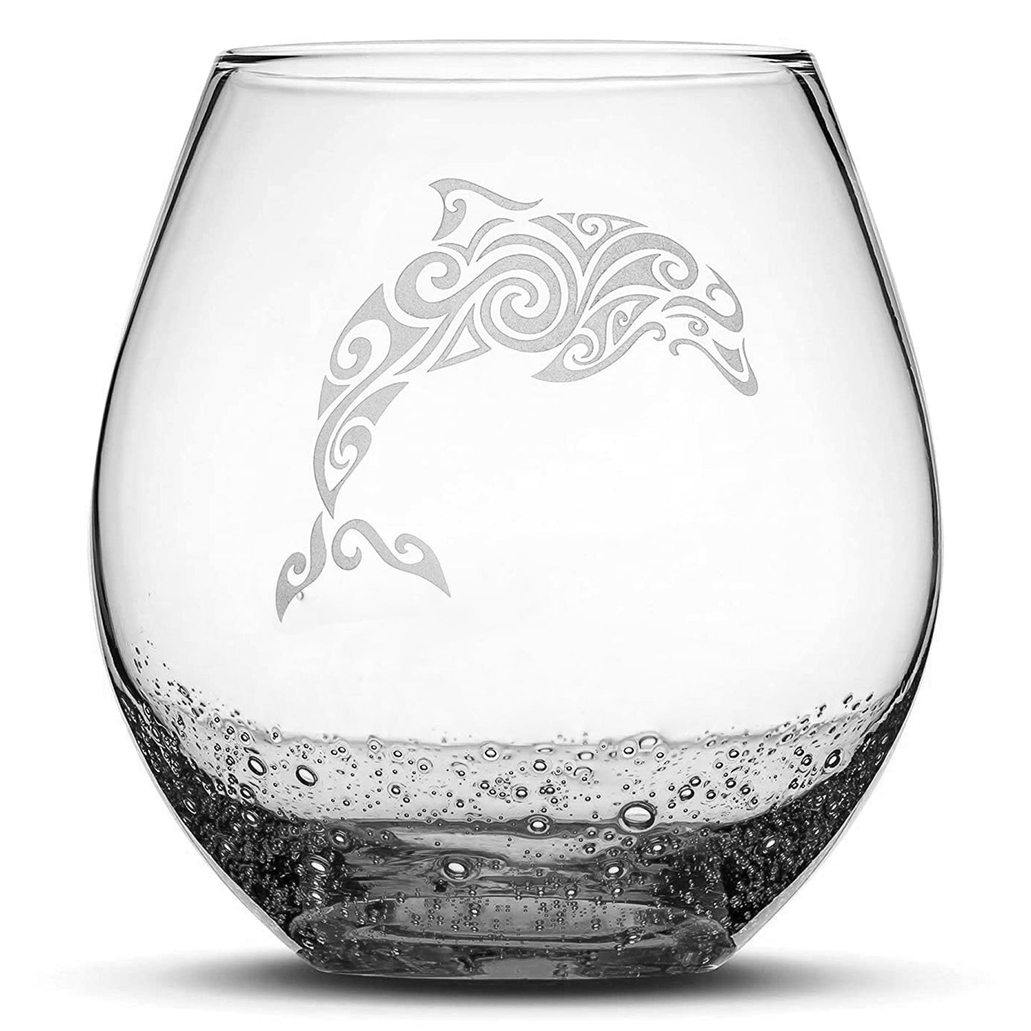 Bubble Wine Glass with Tribal Dolphin Design, Laser Etched or Hand Etched