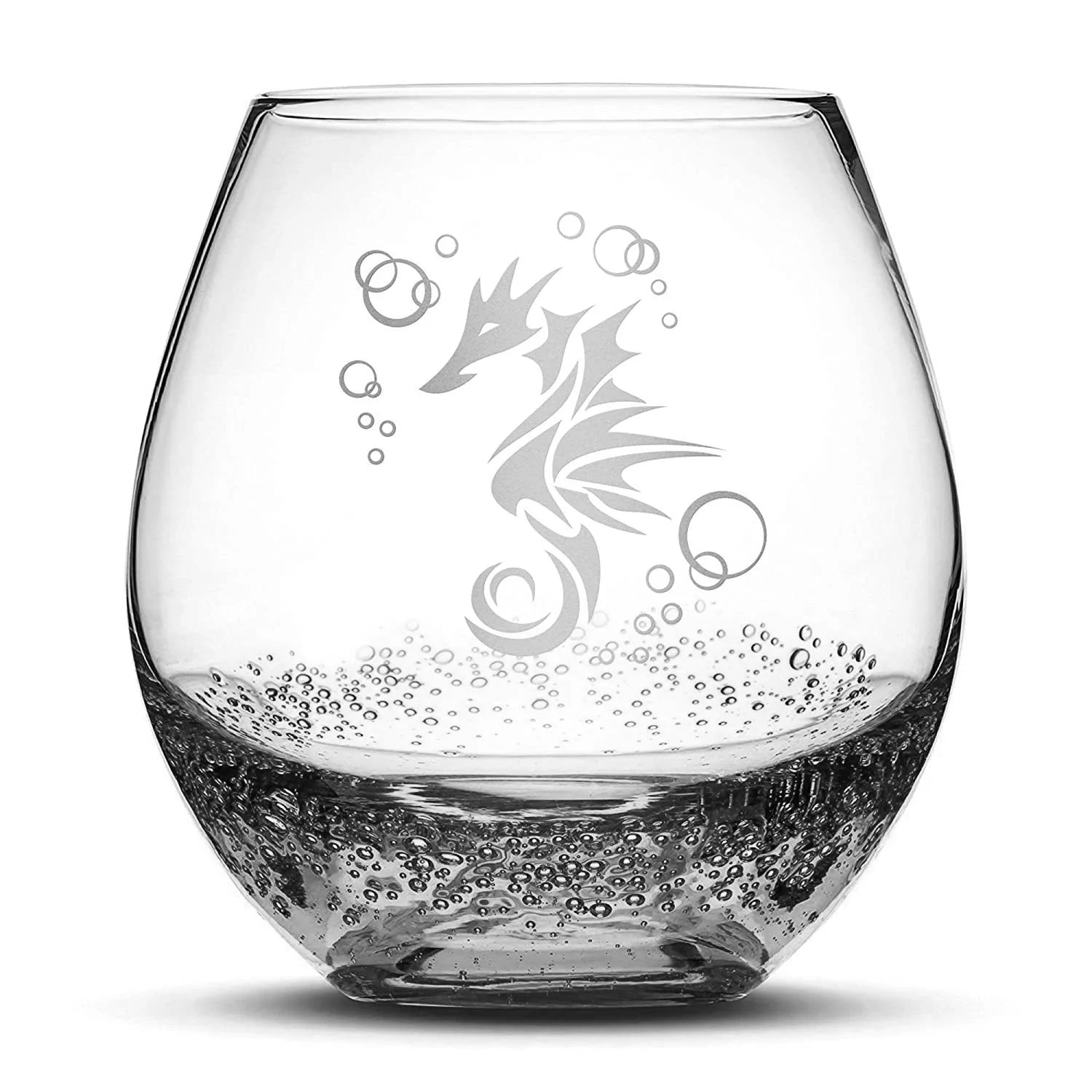 Less Than Perfect Bubble Wine Glass with Seahorse Design, Laser Etched or Hand Etched