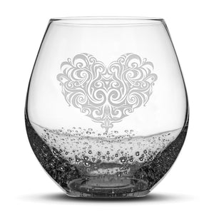 Bubble Wine Glass, Tribal Heart Design, Laser Etched or Hand Etched, 18oz