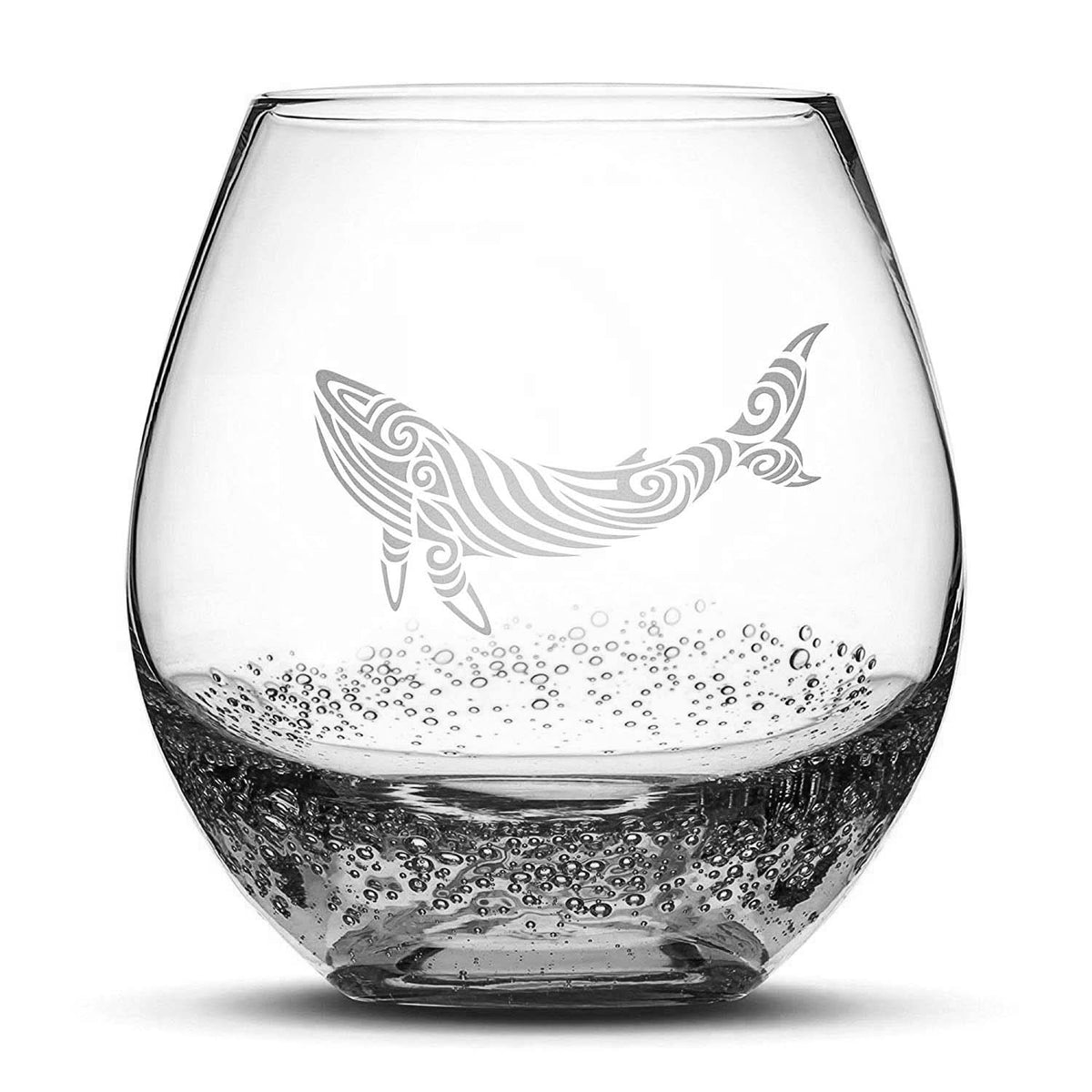 Bubble Wine Glass with Tribal Whale Design, Laser Etched or Hand Etched