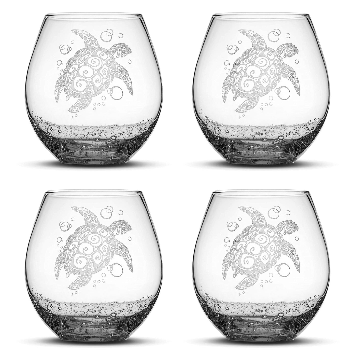 Bubble Wine Glass with Tribal Sea Turtle Design, Set of 4, Laser Etched or Hand Etched