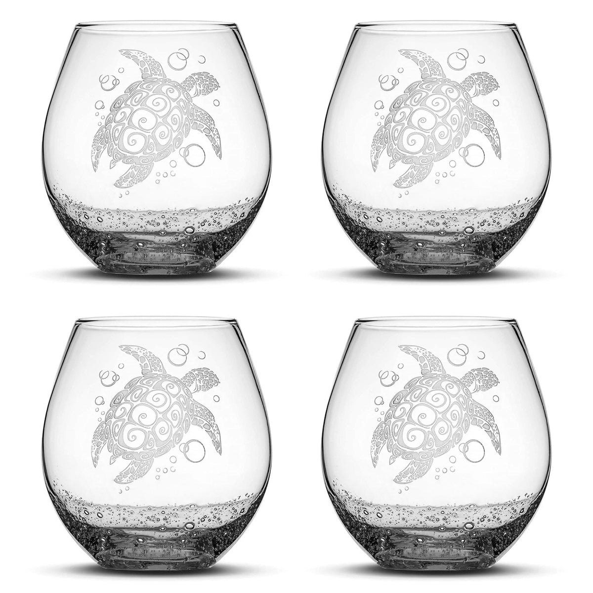 Bubble Wine Glass with Tribal Sea Turtle Design, Set of 4, Laser Etched or Hand Etched