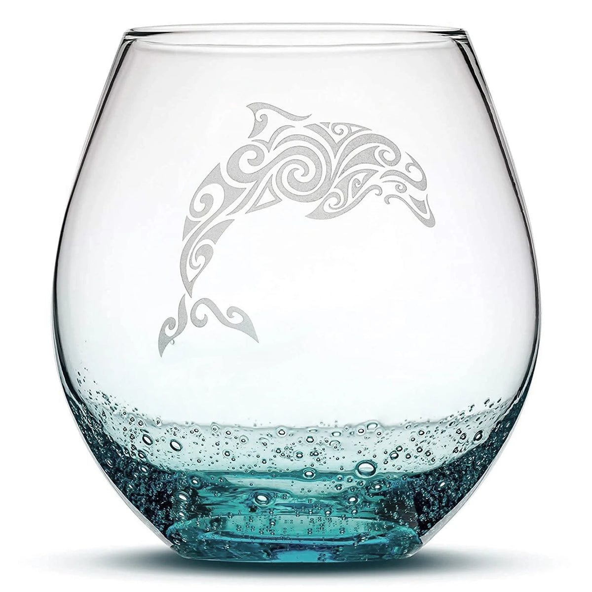 Less Than Perfect Bubble Wine Glass with Tribal Dolphin Design, Laser Etched or Hand Etched