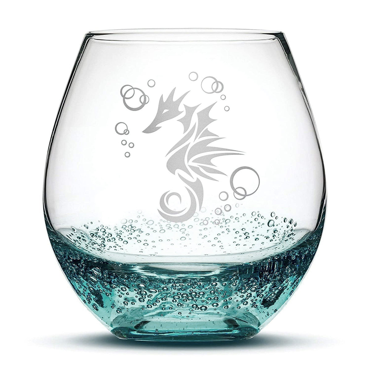 Bubble Wine Glass with Seahorse Design, Laser Etched or Hand Etched