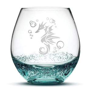 Bubble Wine Glass with Seahorse Design, Hand Etched