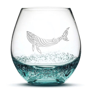 Less Than Perfect Bubble Wine Glass with Tribal Whale Design, Laser Etched or Hand Etched