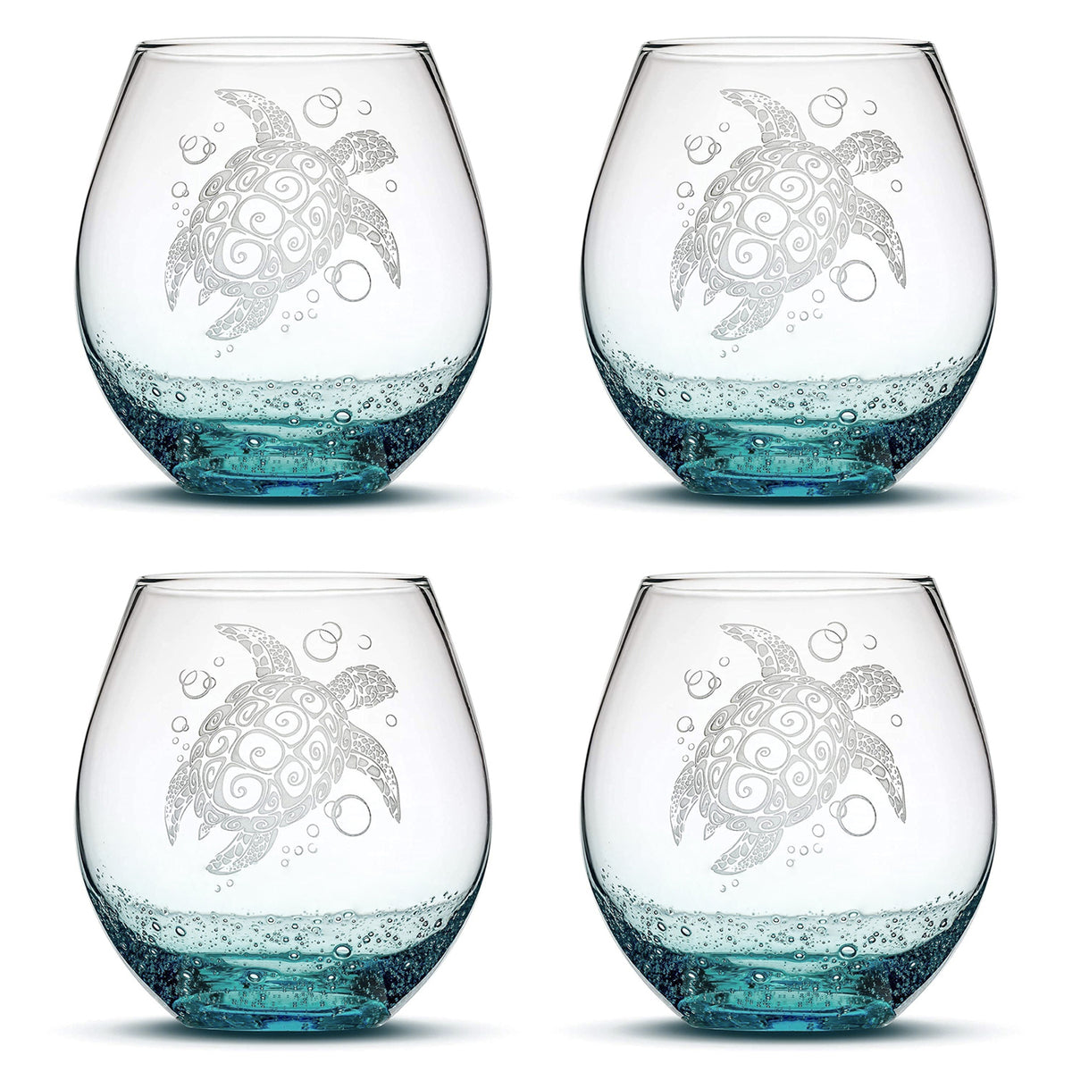 Bubble Wine Glass with Tribal Sea Turtle Design, Set of 4, Laser Etched or Hand Etched