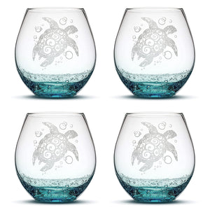 Bubble Wine Glass with Tribal Sea Turtle Design, Set of 4, Hand Etched