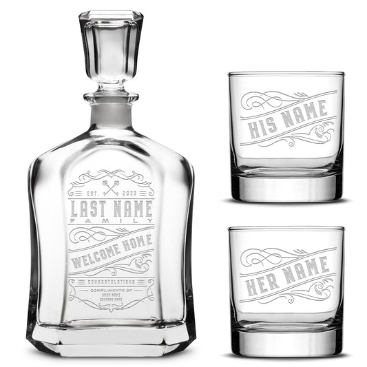 Customizable Welcome Home Refillable Etched Capital Decanter with Set of 2 Custom Whiskey Glasses, Laser Etched or Hand Etched