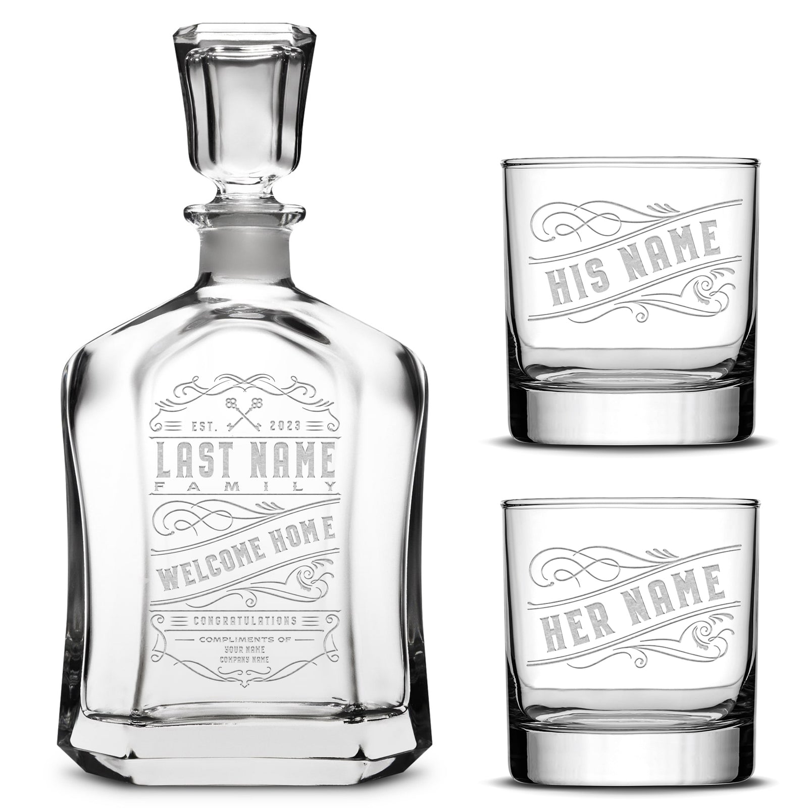 Customizable Welcome Home Refillable Etched Capital Decanter with Set of 2 Custom Whiskey Glasses, Laser Etched or Hand Etched