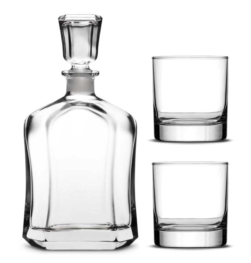 Customizable Capital Whiskey Decanter, with set of Two Custom Whiskey Glasses, Laser Etched or Hand Etched