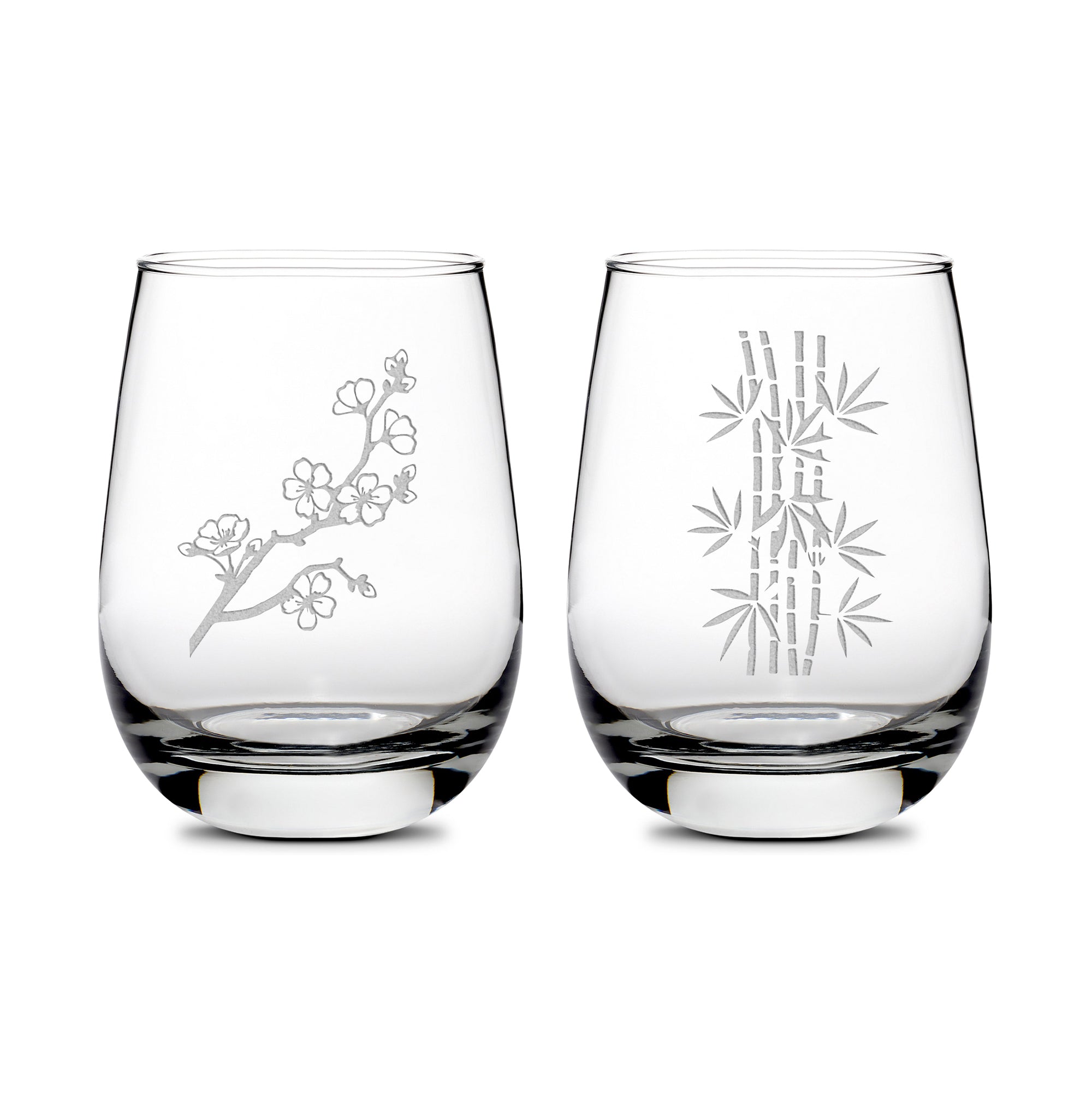 Premium Wine Glasses, Cherry Blossom/Bamboo, 16oz (Set of 2), Laser Etched or Hand Etched