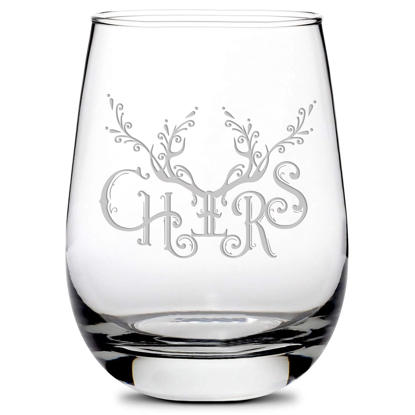 Premium, Christmas Cheers Stemless Wine Glass, 16oz, Laser Etched or Hand Etched