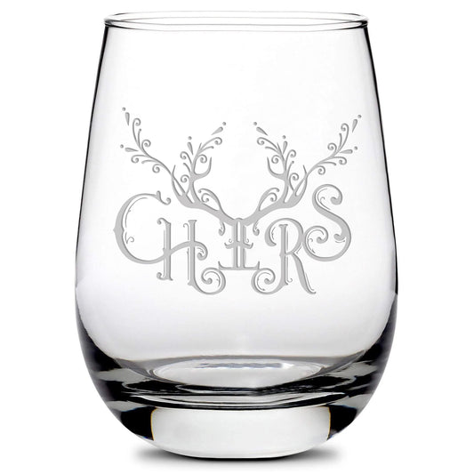 Premium, Christmas Cheers Stemless Wine Glass, 16oz, Laser Etched or Hand Etched