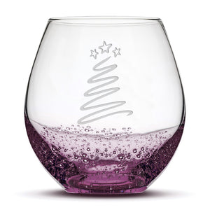 Bubble Wine Glass, Christmas Tree Swirl, Laser Etched or Hand Etched, 18oz