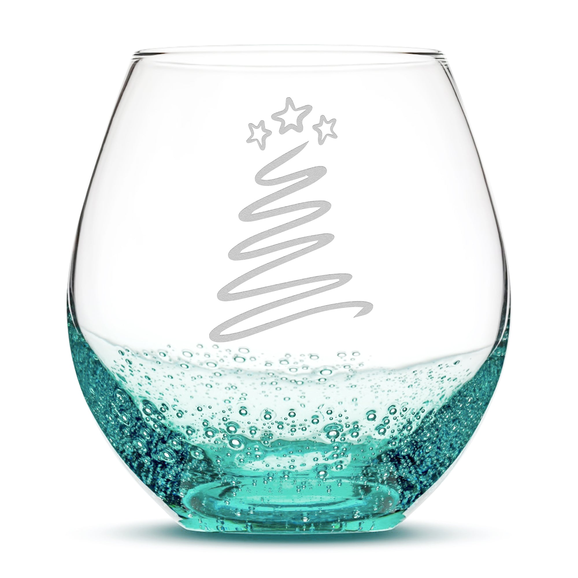 Bubble Wine Glass, Christmas Tree Swirl, Hand Etched, 18oz