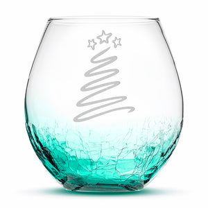 Crackle Wine Glass, Christmas Tree Swirl, Laser Etched or Hand Etched, 18oz