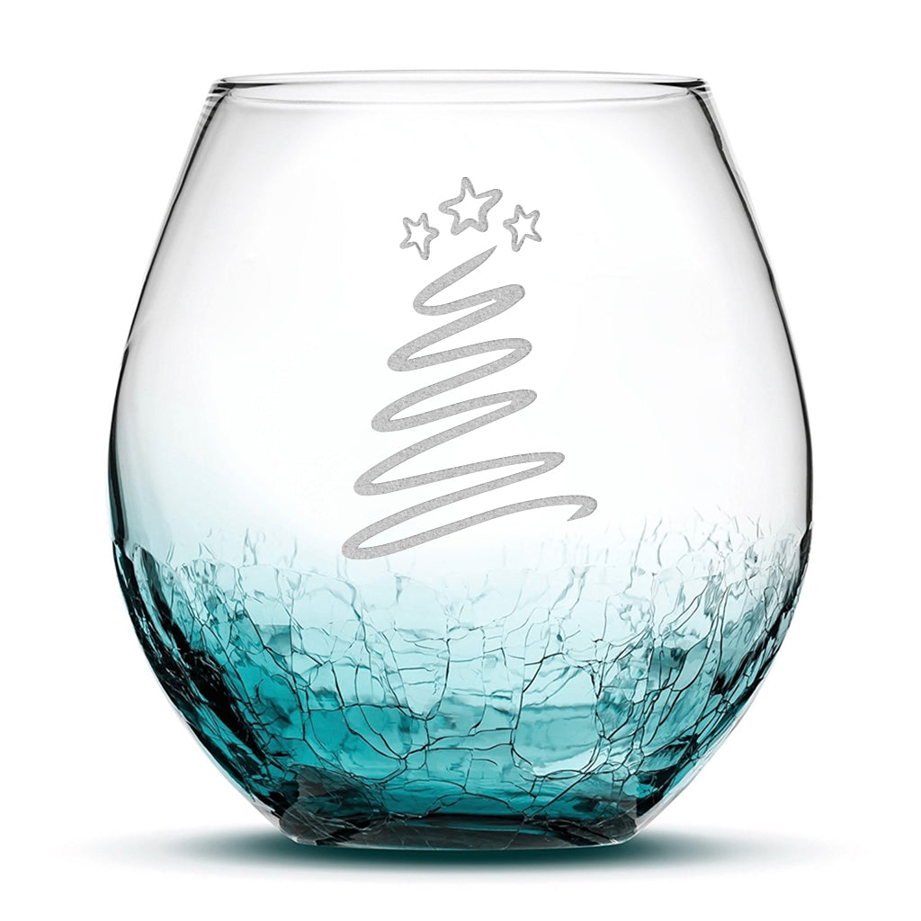 Crackle Wine Glass, Christmas Tree Swirl, Laser Etched or Hand Etched, 18oz