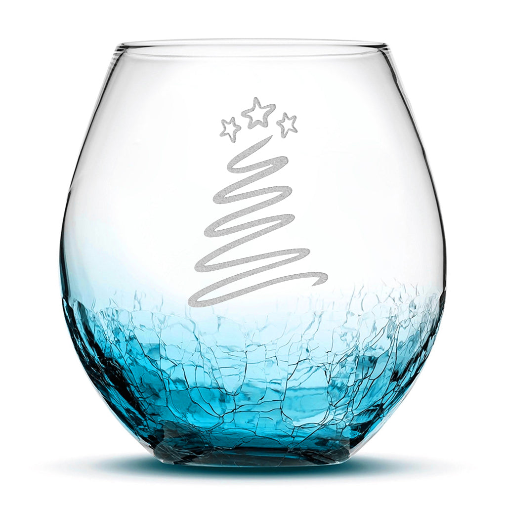 Crackle Wine Glass, Christmas Tree Swirl, Laser Etched or Hand Etched, 18oz