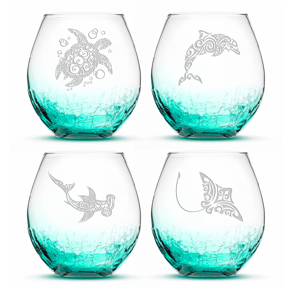 Crackle Wine Glasses with Tribal Sea Animals, Set of 4, One of Each