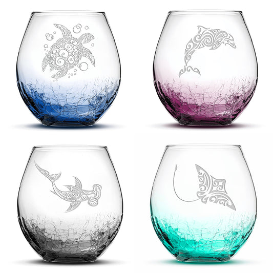 Choose Your Crackle Wine Glass with Tribal Sea Animal Designs