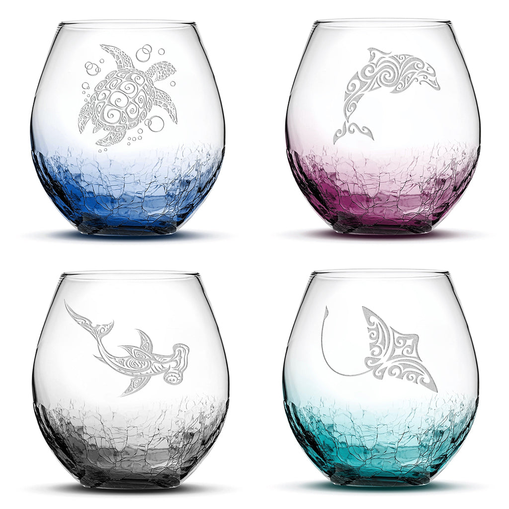Choose Your Crackle Wine Glass with Tribal Sea Animal Designs