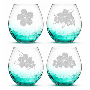 Crackle Stemless Wine Glasses, Plumeria, Set of 4,