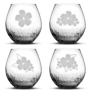 Crackle Stemless Wine Glasses, Plumeria, Set of 4,