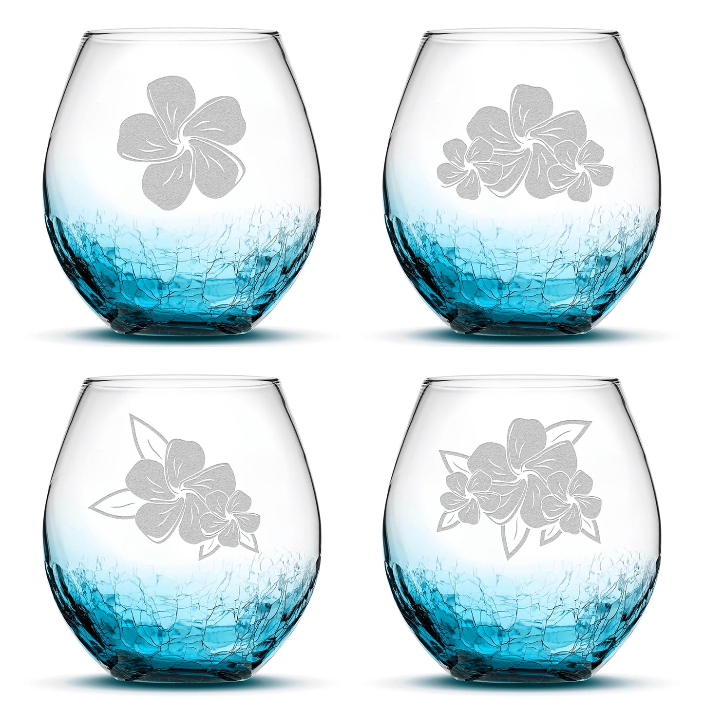 Crackle Stemless Wine Glasses, Plumeria, Set of 4,