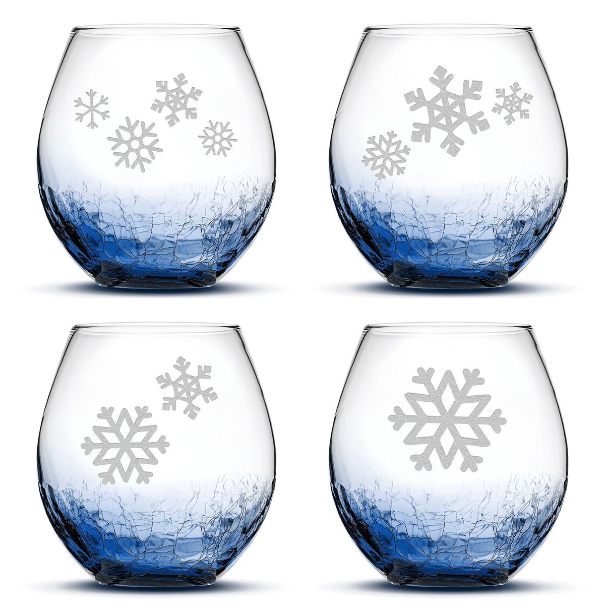 Crackle Wine Glasses with Snowflakes, Set of 4, Laser Etched or Hand Etched