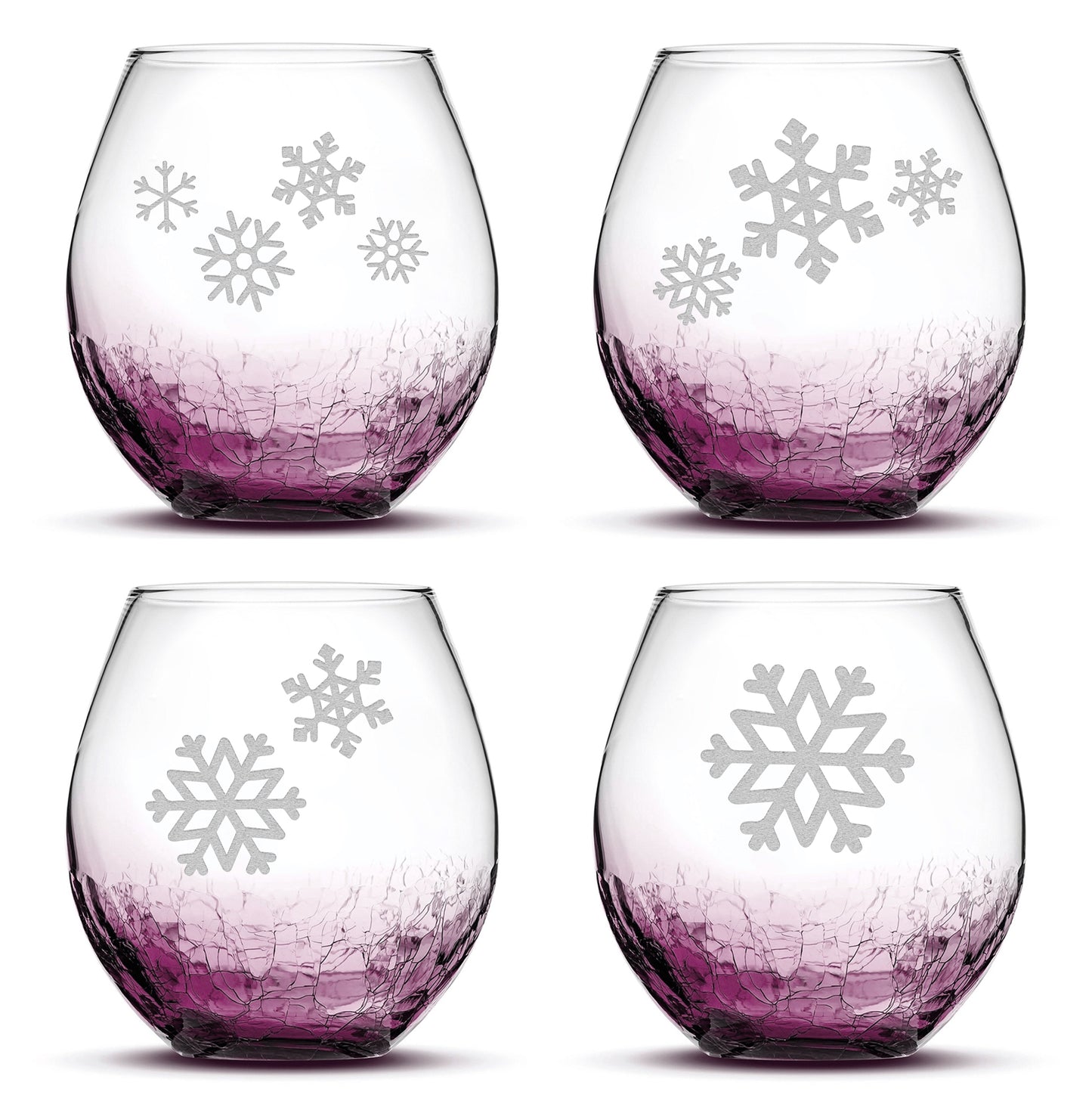 Crackle Wine Glasses with Snowflakes, Set of 4, Laser Etched or Hand Etched