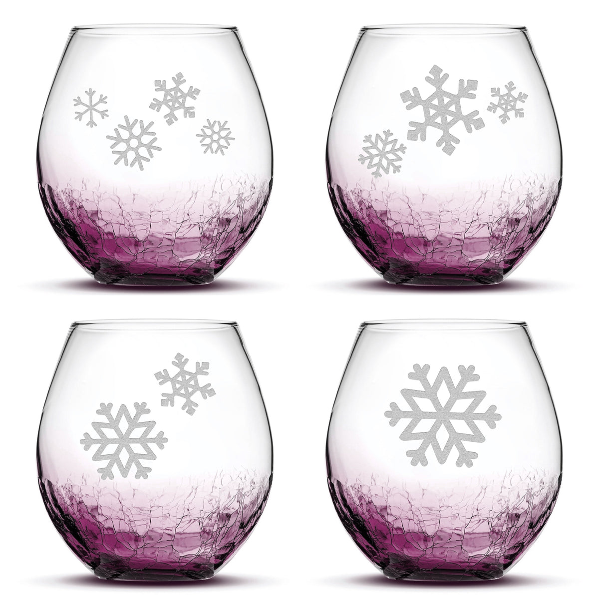 Crackle Wine Glasses with Snowflakes, Set of 4, Laser Etched or Hand Etched
