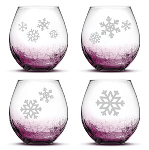 Crackle Wine Glasses with Snowflakes, Set of 4, Laser Etched or Hand Etched