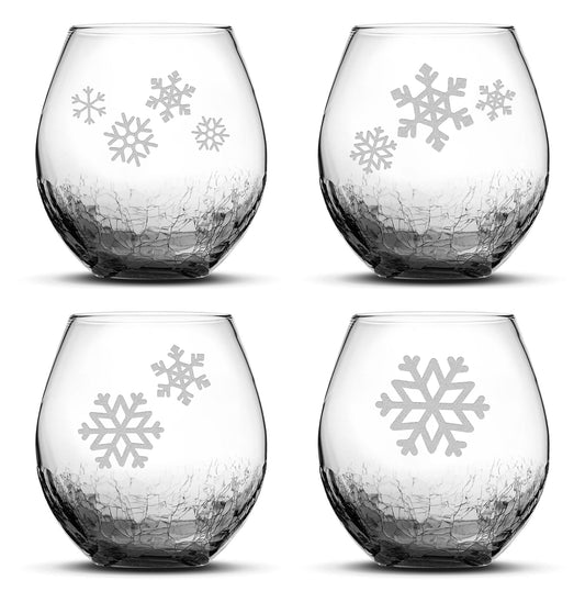 Crackle Wine Glasses with Snowflakes, Set of 4, Laser Etched or Hand Etched