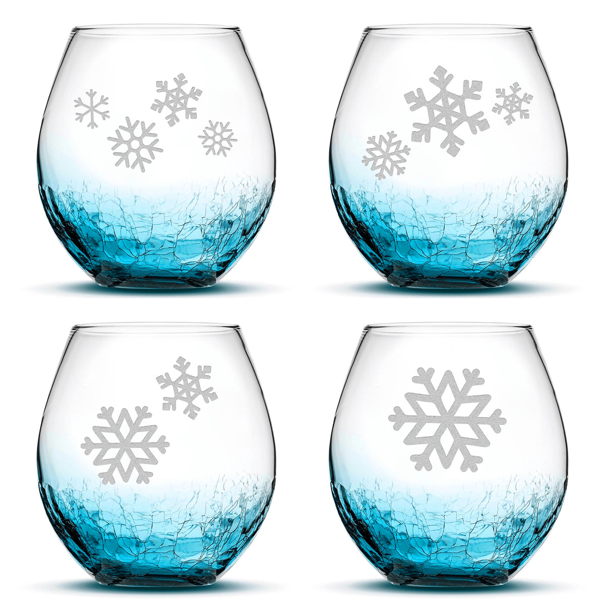 Crackle Wine Glasses with Snowflakes, Set of 4, Laser Etched or Hand Etched