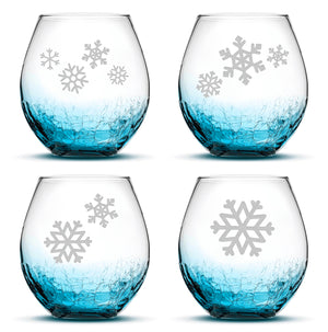 Crackle Wine Glasses with Snowflakes, Set of 4, Hand Etched