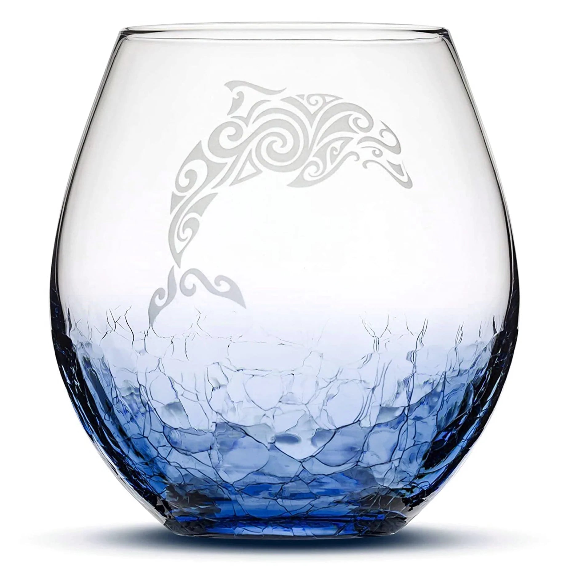 Less Than Perfect Crackle Teal Wine Glass, Dolphin Design, Laser Etched or Hand Etched, 18oz