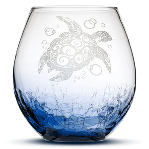 Crackle Wine Glass, Sea Turtle Design, Hand Etched, 18oz
