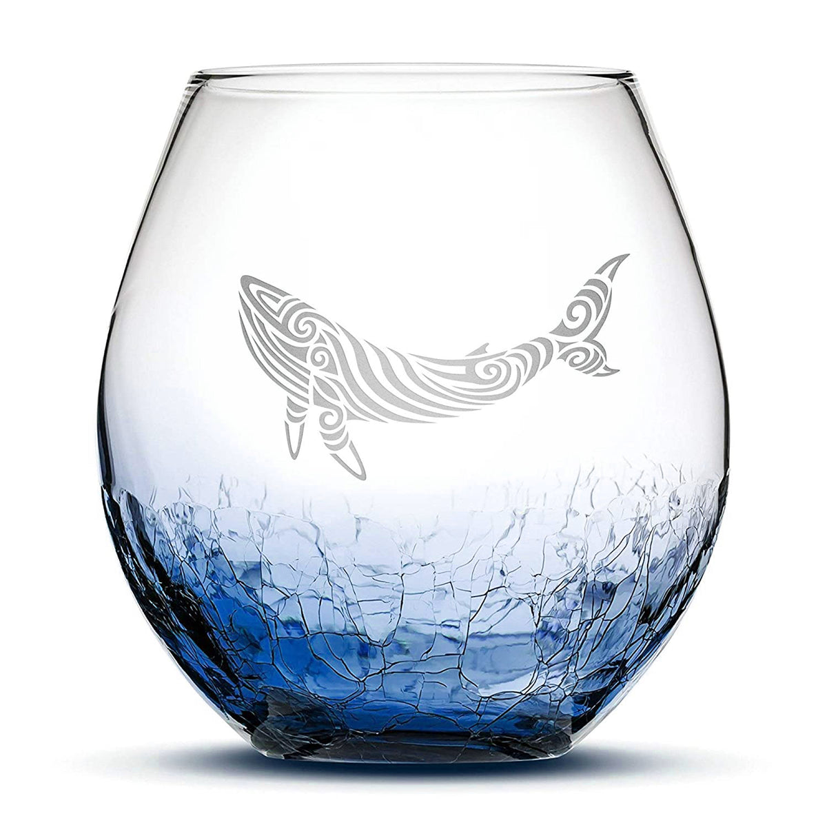 Crackle Wine Glass, Whale Design, Laser Etched or Hand Etched, 18oz